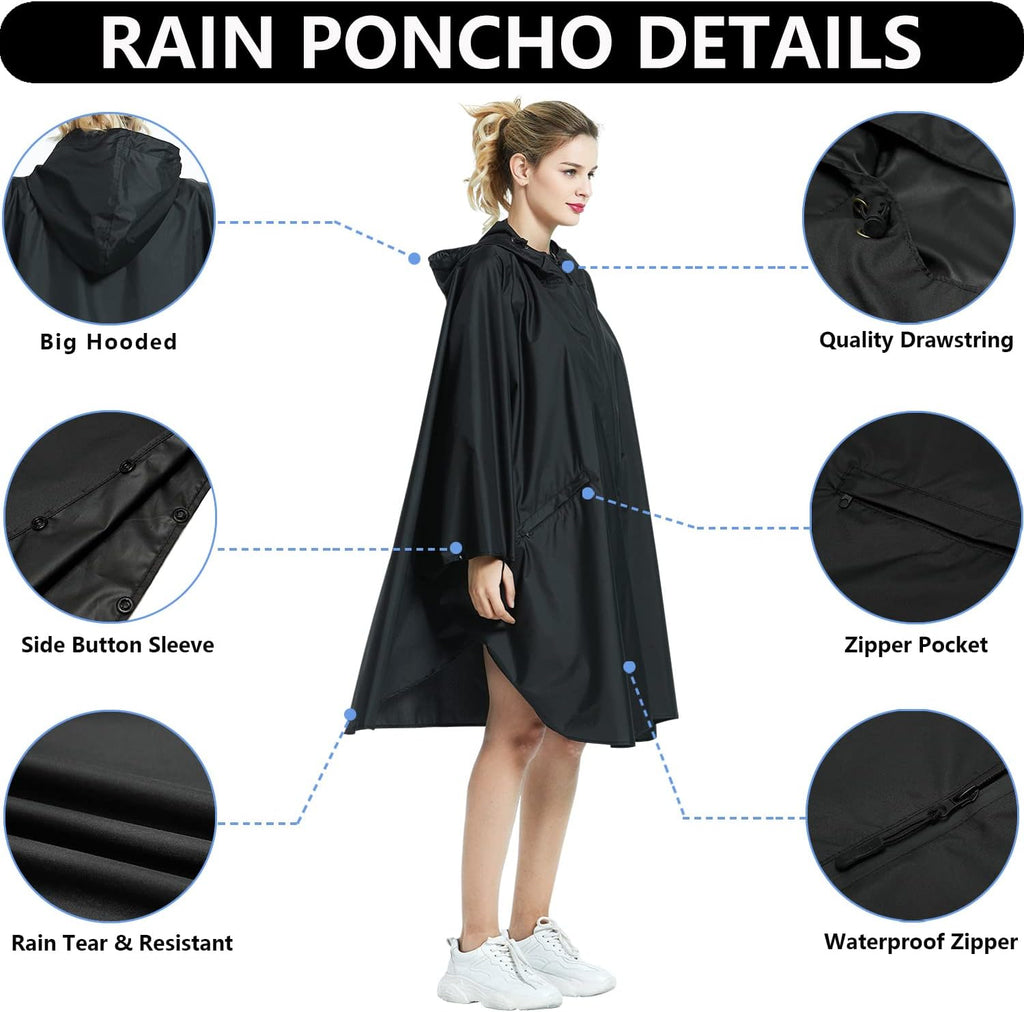 Waterproof Rain Poncho Hooded Outdoor Raincoat with Zipper Pockets