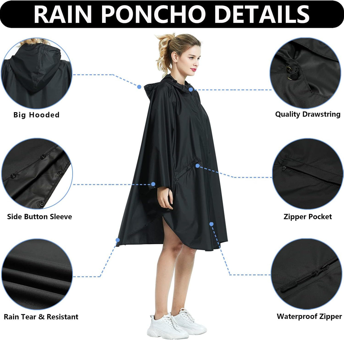Waterproof Rain Poncho Hooded Outdoor Raincoat with Zipper Pockets