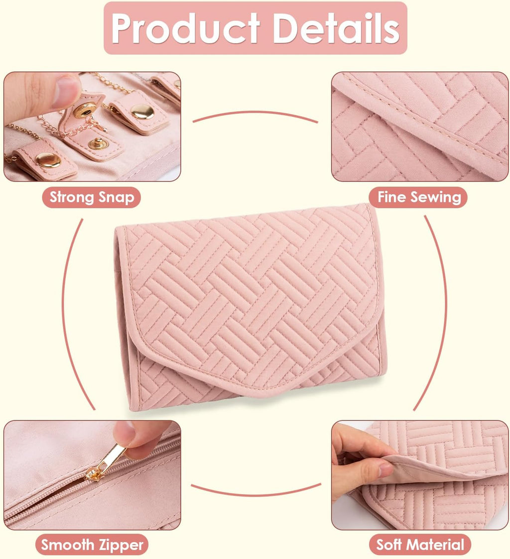 Amrules Travel Jewelry Roll Organizer Bag, Medium, Pink