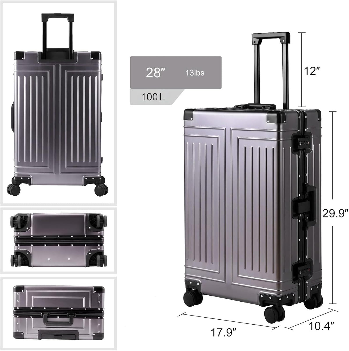 All Aluminum Magnesium Carry On Luggage，Cut from Whole Aluminum Sheet，22x14x9 Airline Approved ，（3rd Generation，Premium Magnesium Metal zipperless suitcase ） (grey, 28inch)