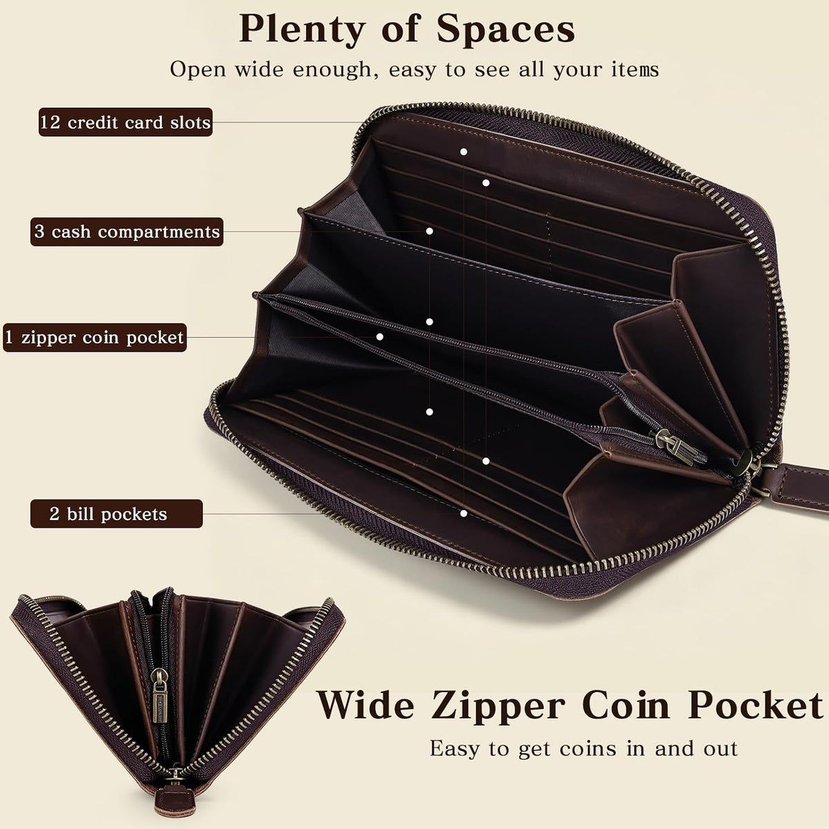 VISOUL Long Zip Around Pouch Wallet for Men Crazy Horse Leather with RFID Blocking, Large Clutch Cash Long Travel Wallet with 12 Card Slots-Coffee