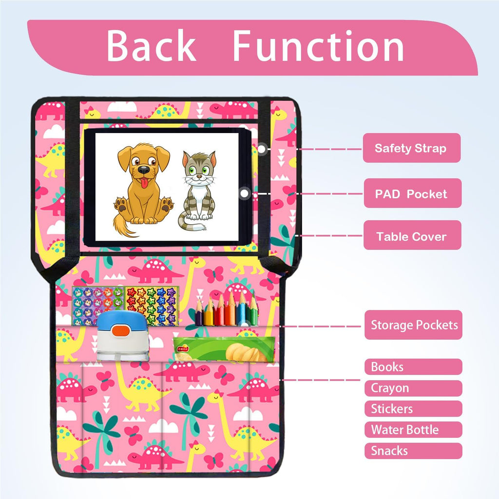 Adjustable Kids Tray Table Cover with Multi Portable Pockets, Airplane Travel Essentials for Kids, Toddlers, Adults, Airplane Must Haves, Plane Travel Essentials, Tray for Plane Train, Pink Dinosaur