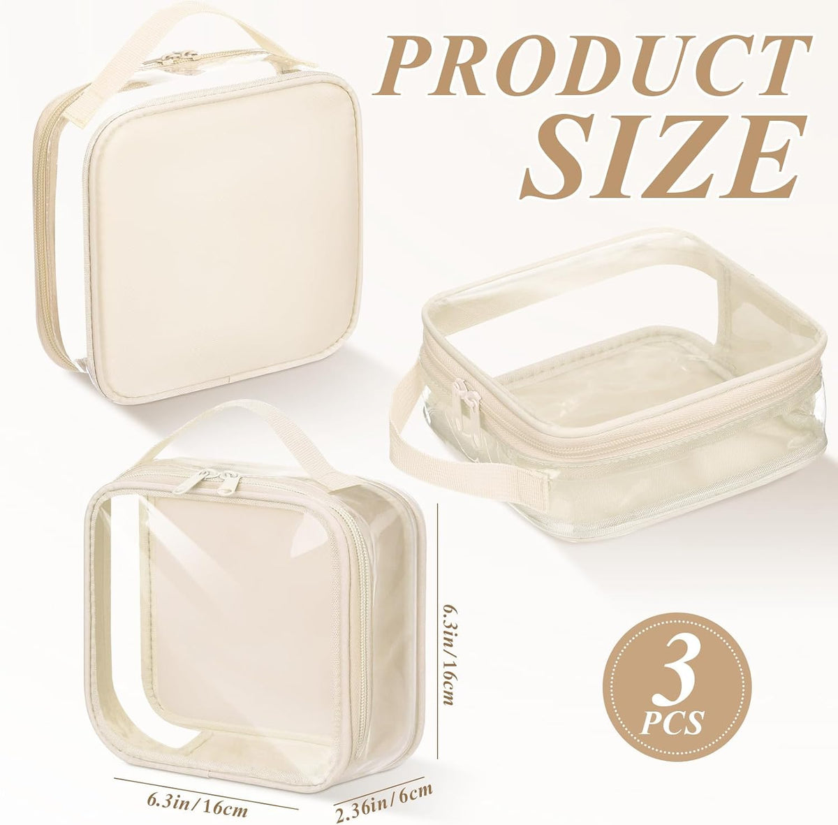 Abbylike 3 Pcs Small Toiletry Bags Reusable Quart Size Travel Liquid Pouch Single-sided Clear PVC Carry-on Organizer with Handle Cosmetic Bags for Airport Security Women Men(Beige)