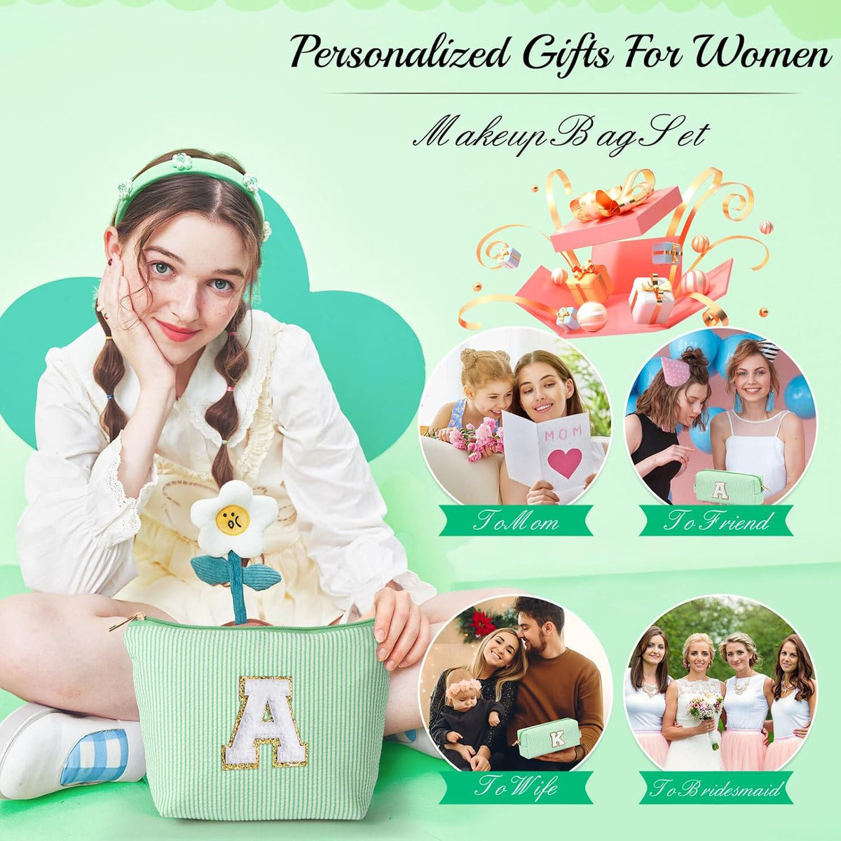 YOOLIFE Cute Makeup Bag for Girls Women Cosmetic Bags for Girls | Initial Make Up Bag | Personalized Gifts for Women Her | Bridal Shower Gifts | Christmas Gifts for Girls | Tween Girls Trendy Stuff S