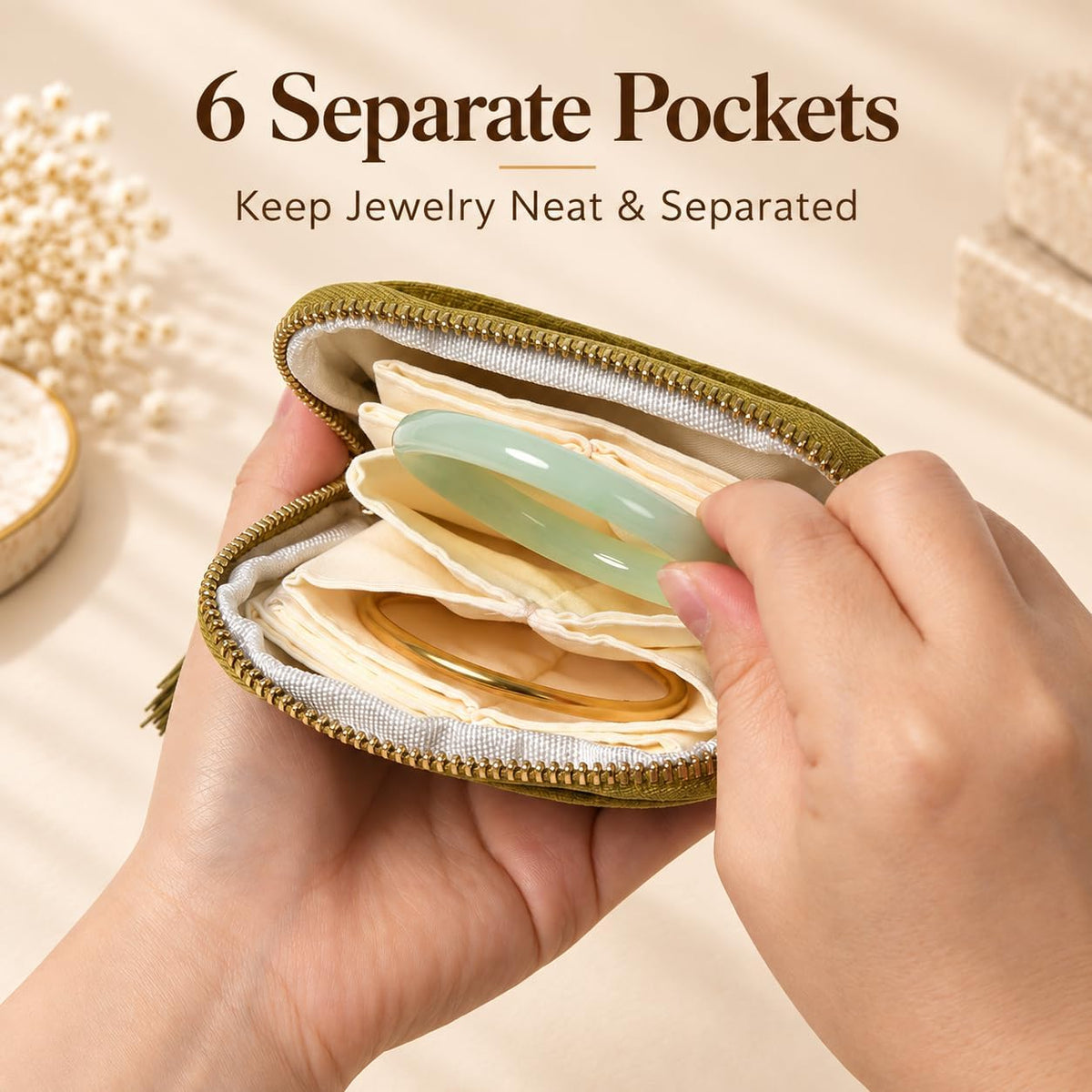 2-Pack Velvet Jewelry Organizer Case - Travel Zipper Pouch with Tassel, 6-Layer Storage for Bracelets, Bangles & Accessories (Matcha Green and Dark Blue)