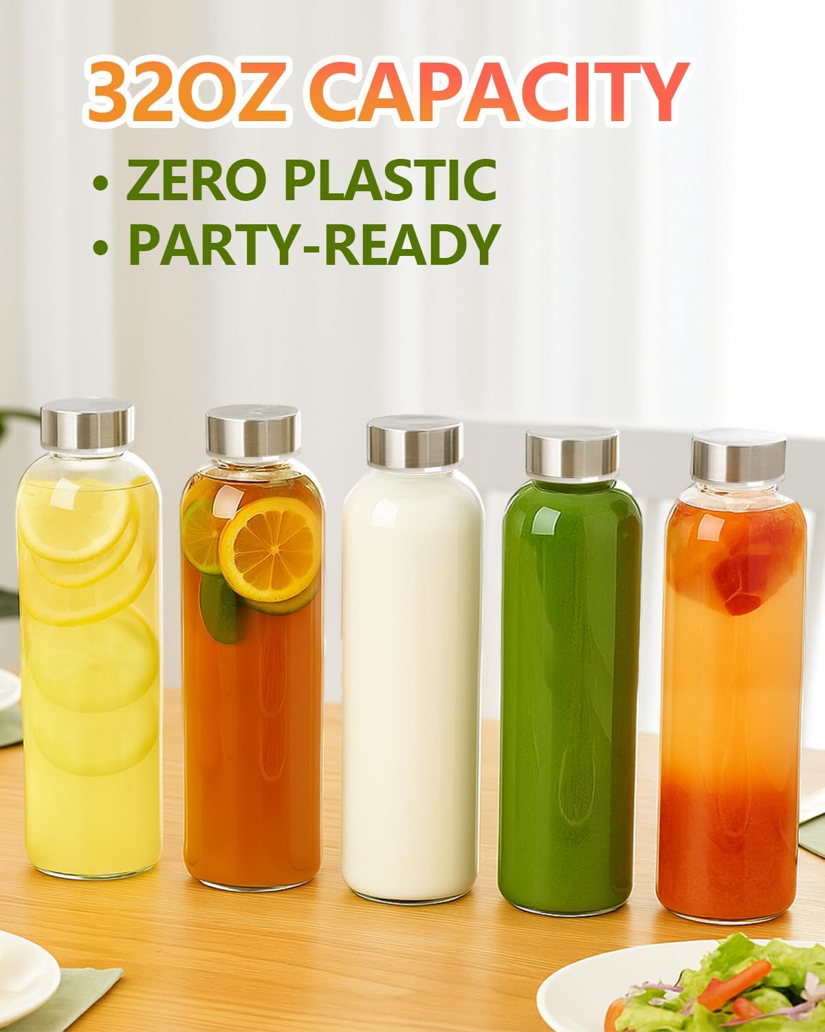 Zukro Clear Glass Water Bottles with Stainless Steel Lids 32 oz, Set of 3