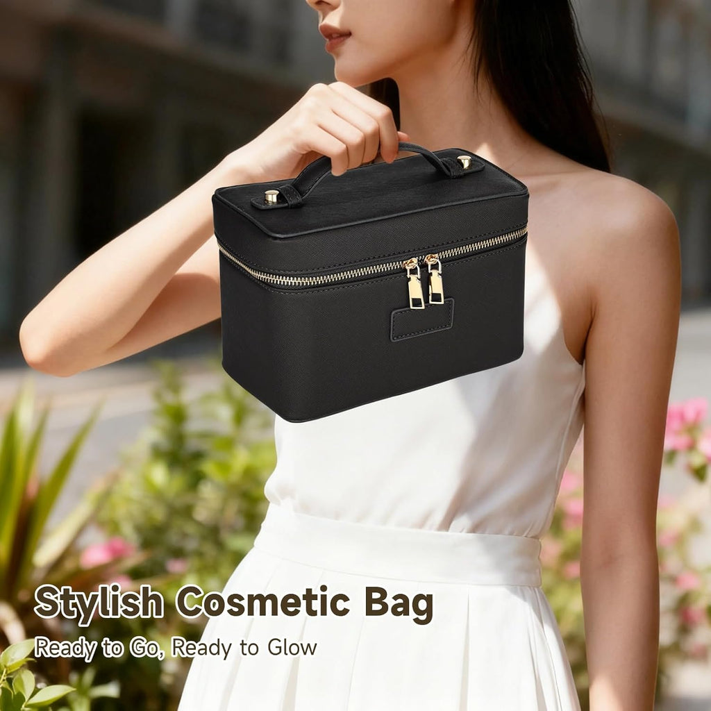 Makeup Vanity Bag for Women - Large Capacity Cosmetic Organizer with Removable Liner, Waterproof PU Leather Skincare Bag, Portable Chic Cosmetic Make Up Case for Skincare, Accessories,StyleB, Black