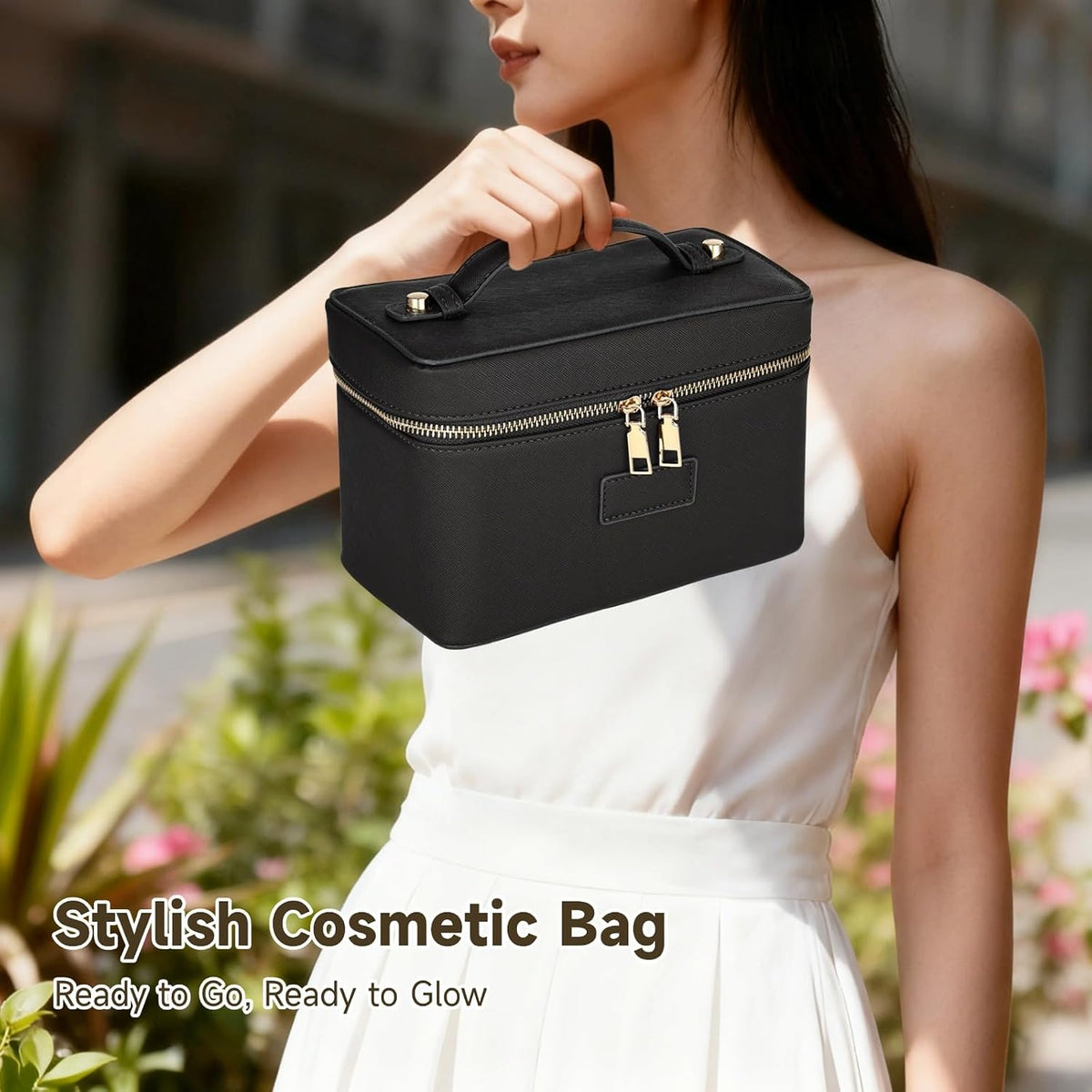 Makeup Vanity Bag for Women - Large Capacity Cosmetic Organizer with Removable Liner, Waterproof PU Leather Skincare Bag, Portable Chic Cosmetic Make Up Case for Skincare, Accessories,StyleB, Black
