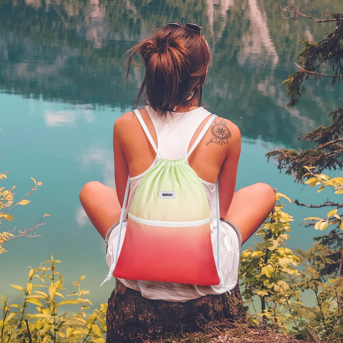 WANDF Drawstring Backpack, Gym Sackpack for Sports (Red-Green Gradient)