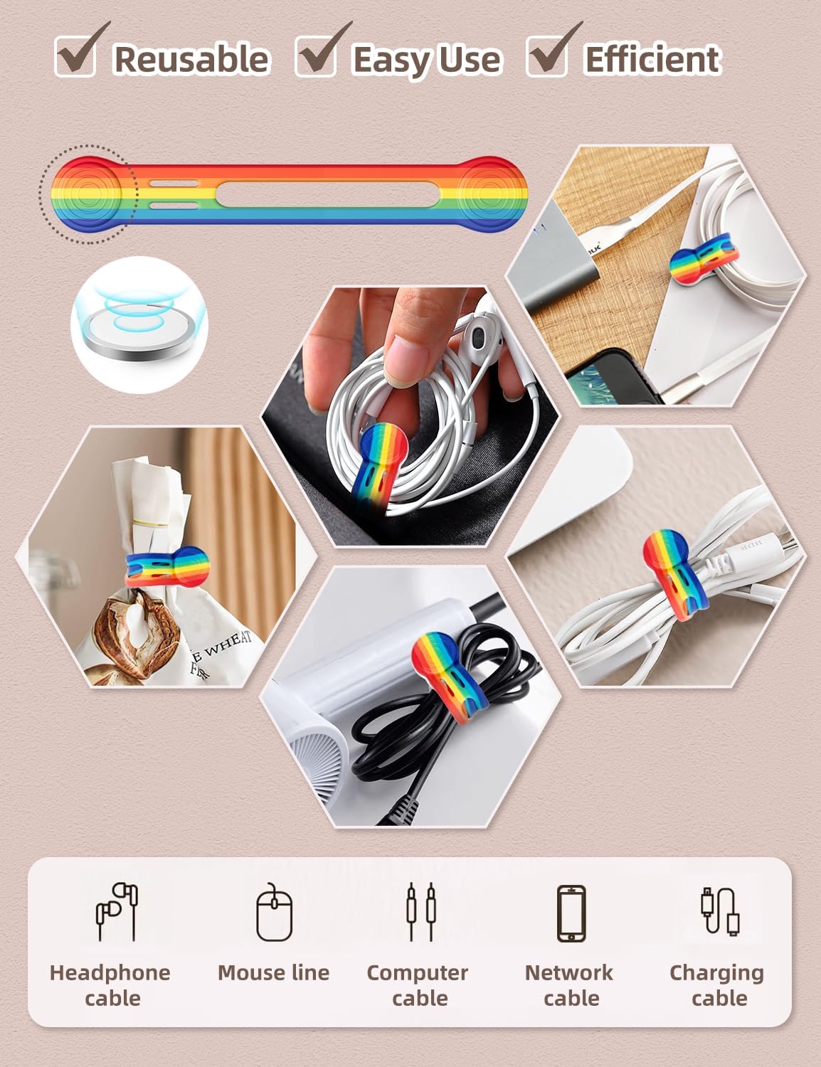 Kanemc 8 Pack Magnetic Cable Tie, 4.72'' Silicone Long Cord Ties