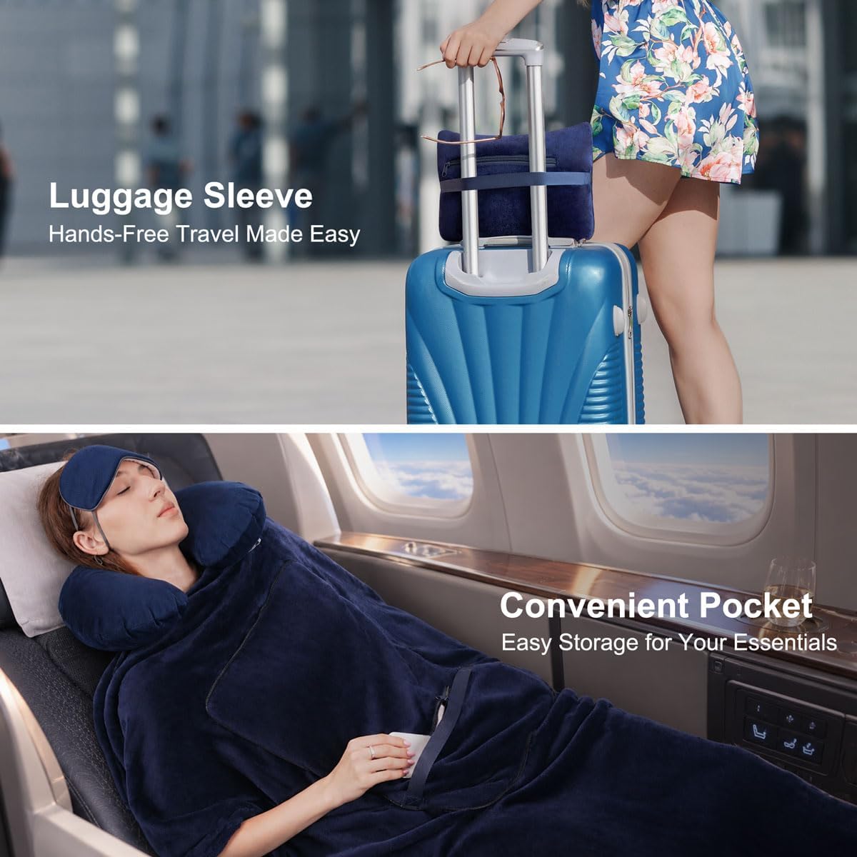 KAWAHOME Travel Blanket Airplane Compact Set with Neck Pillow, Eye Mask