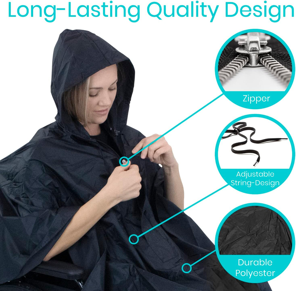 Vive Wheelchair Poncho - Lightweight, Breathable and Waterproof Raincoat - Reusable and Packable Cape With Hood- Men, Women