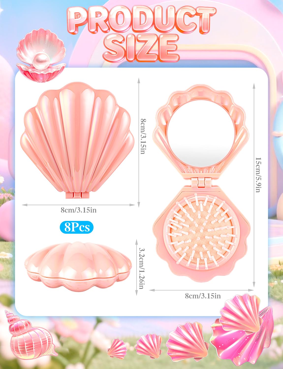 8 Pcs Foldable Travel Shell Hair Brush with Mirror