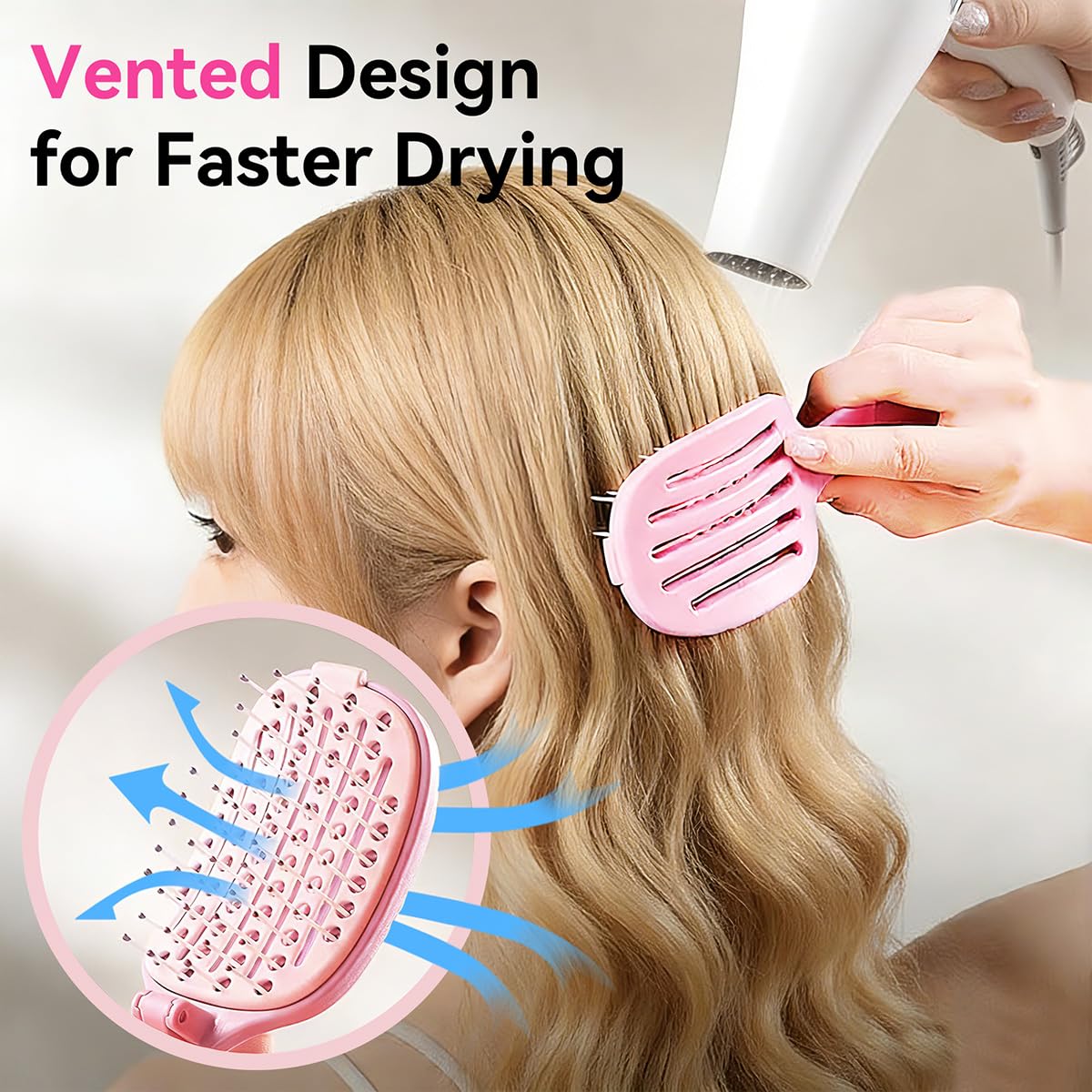 Self‑Cleaning Hair Brush, Curved Vented Detangler, Foldable Travel Pink