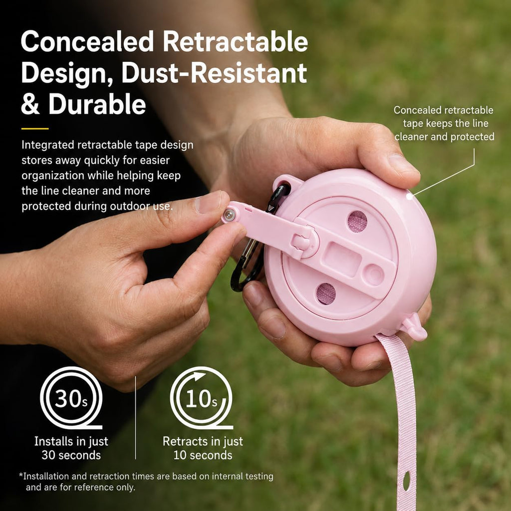 Retractable Travel Clothesline Kit with 10 Foldable Hangers, 20 Clips & Bag