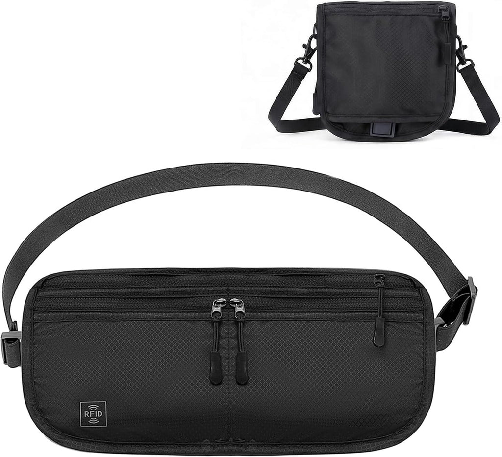 3-in-1 RFID Blocking Money Belt for Travel, Anti- Eletronic Theft Travel Fanny Pack with Adjustable Strap, Lightweight Neck Wallet for Passport, Credit Cards, Phone, and Cash–for Men & Women（Black）