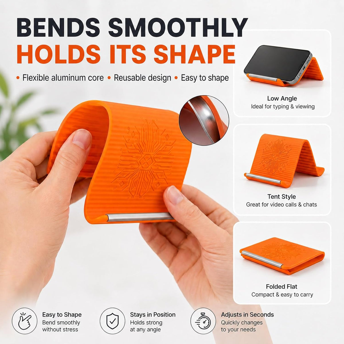 2PCS Portable Foldable Silicone Aluminum Phone Holder, Orange&Black