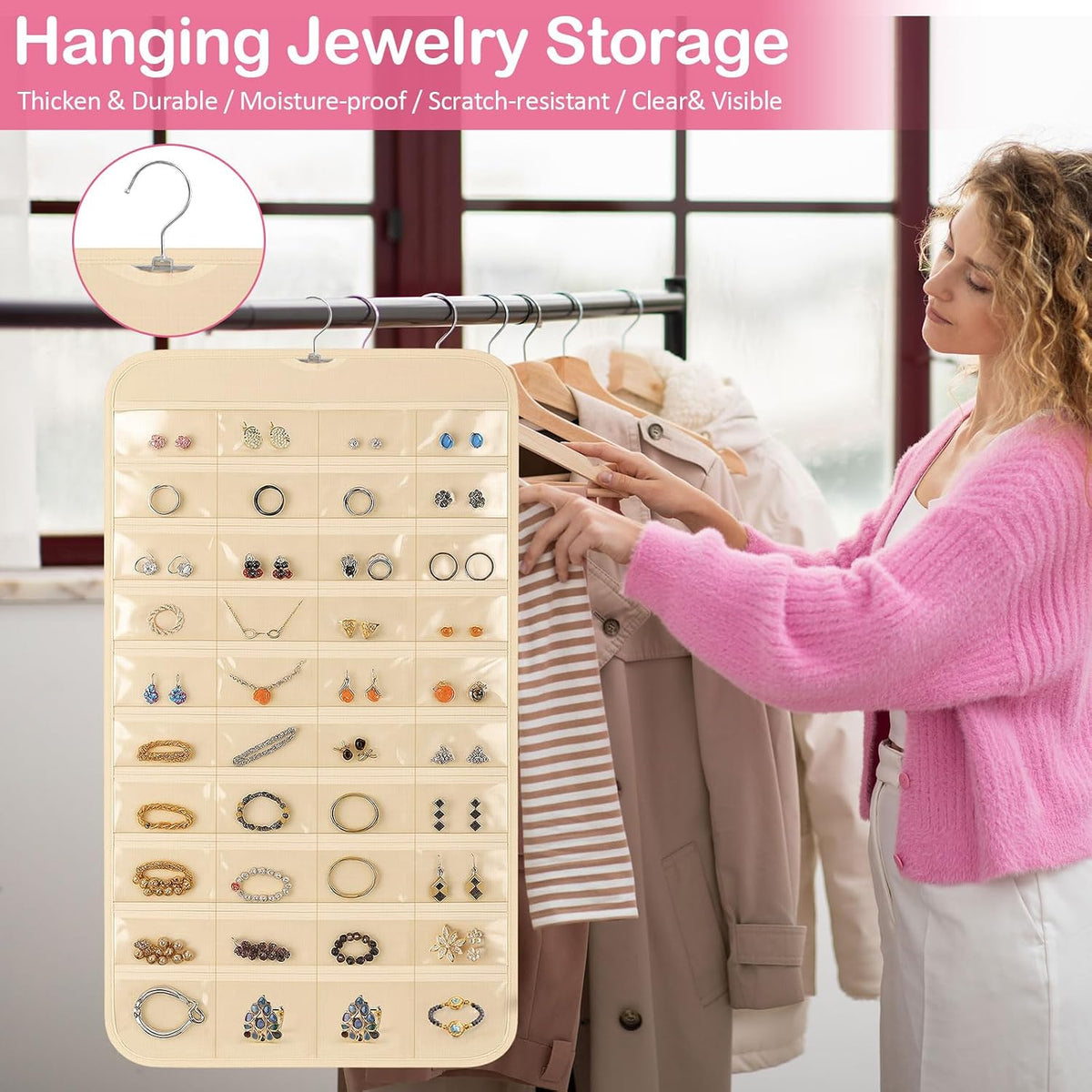 1 Pack Hanging Jewelry Organizer, 80 Clear Pockets Earring Storage
