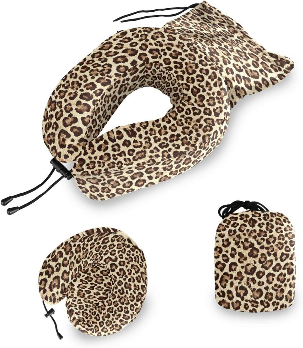 ALAZA Memory Foam Travel Pillow with Snap Clip Animal Leopard Print Geometric Brown Neck Pillow for Airplane Travel Kit, Soft Comfortable and Washable