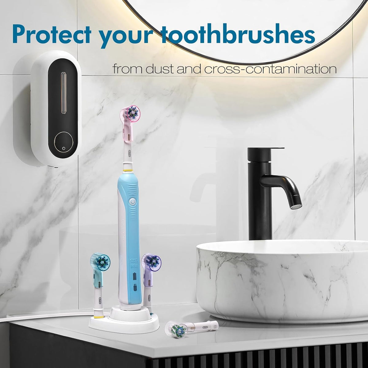 4 PCS Toothbrush Head Covers (Multicolor) Compatible with Oral-B Electric Toothbrush Head + Toothbrush Holder with 1 Charging Stand Slot and 2 Toothbrush Head Stands
