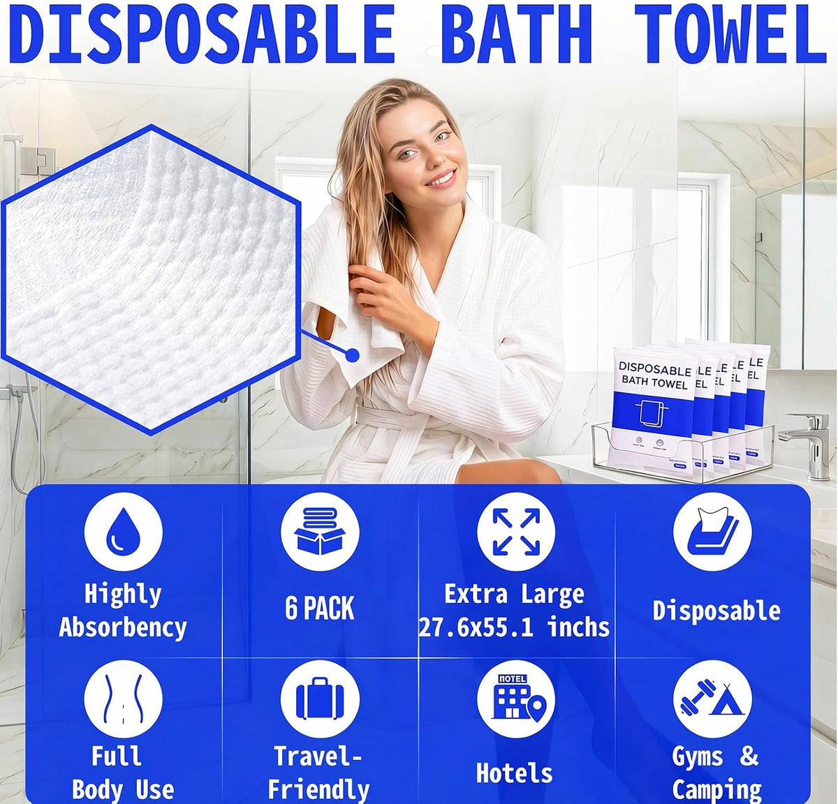 Extra Large Highly Absorbent Disposable Bath Towels for Travel – 6 Pack