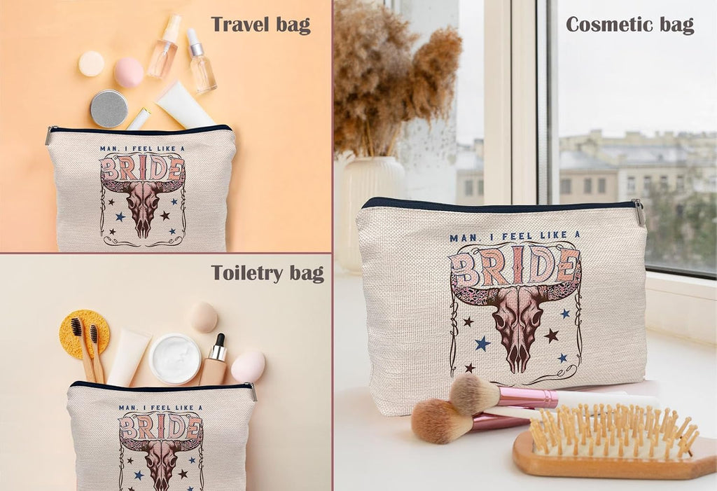 Retro Western Bachelorette Party Nashville Bride Pink Bull Head Skull Makeup Bag,Men I Feel Like a Bride Cosmetic Makeup Bag for Teen Girls Women,Bachelorette Party Gifts Makeup Bag