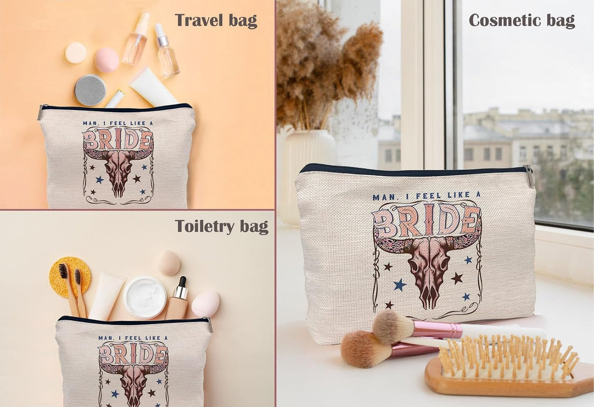 Retro Western Bachelorette Party Nashville Bride Pink Bull Head Skull Makeup Bag,Men I Feel Like a Bride Cosmetic Makeup Bag for Teen Girls Women,Bachelorette Party Gifts Makeup Bag