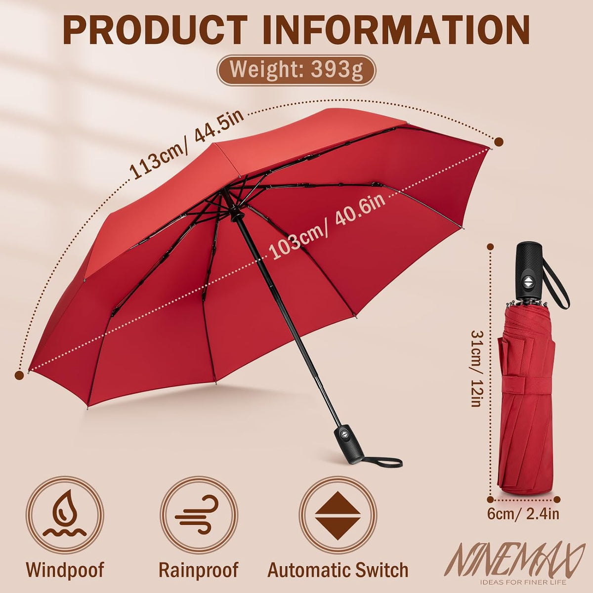 NINEMAX Windproof Travel Folding Umbrella for Men Women, Portable Compact Umbrellas Automatic Open and Close for Rain