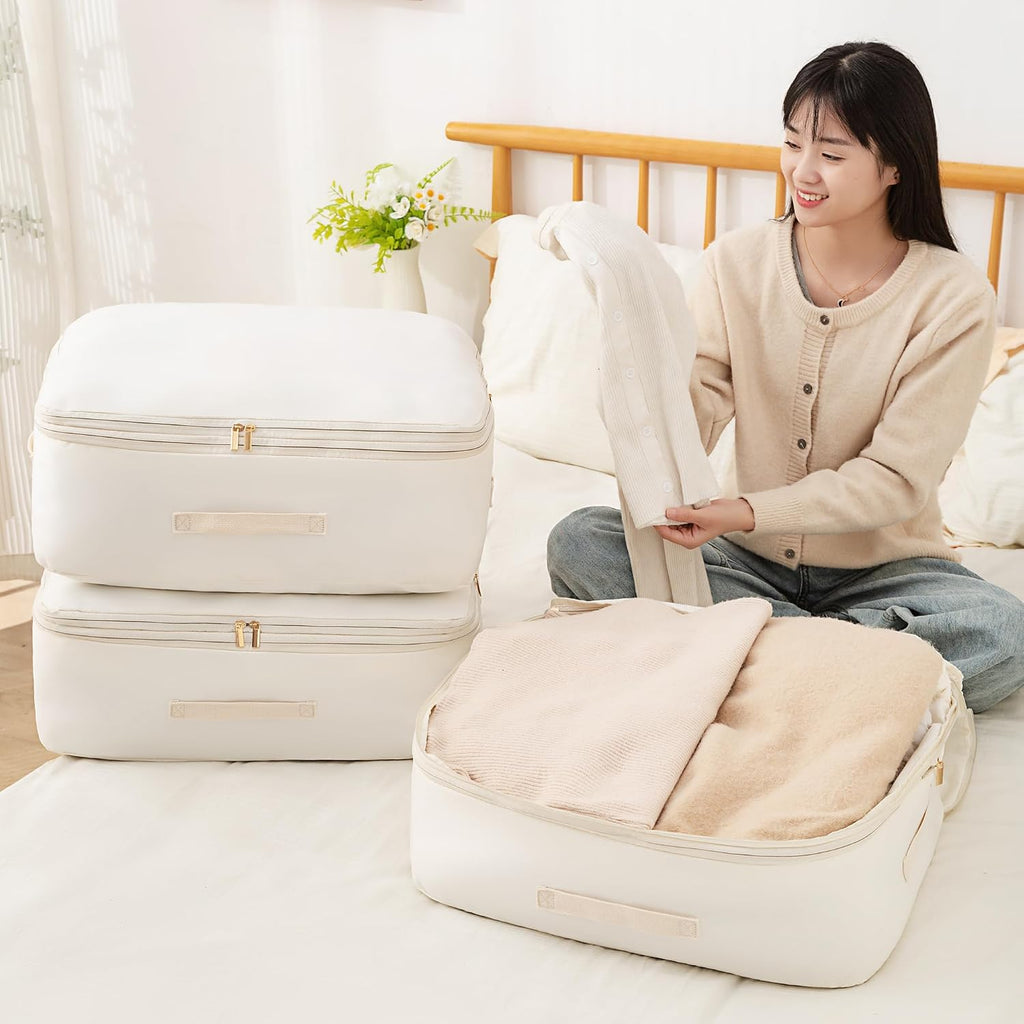 Ultra Space Saving Self Compression Organizer, Comforter Storage Bag for Clothes, Blankets, Pillows, Duvet, Comforters, Bedding Sets and Much More (Blue,L - 54 * 42 * 30cm)