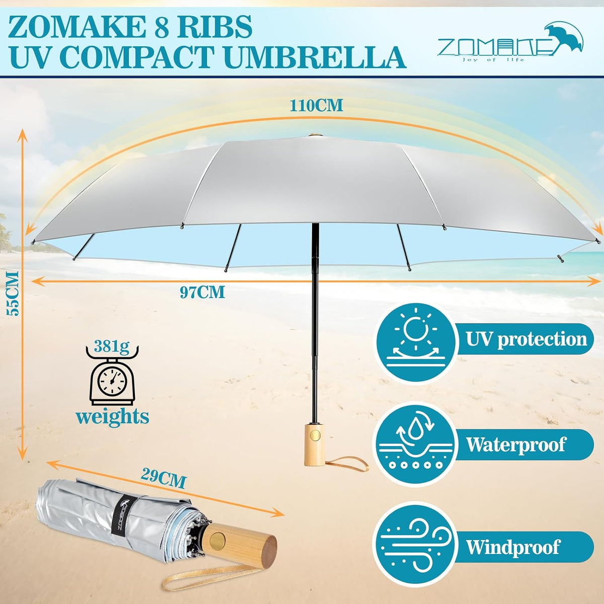 ZOMAKE UV Umbrella for Sun Protection Travel 43/46 Inch