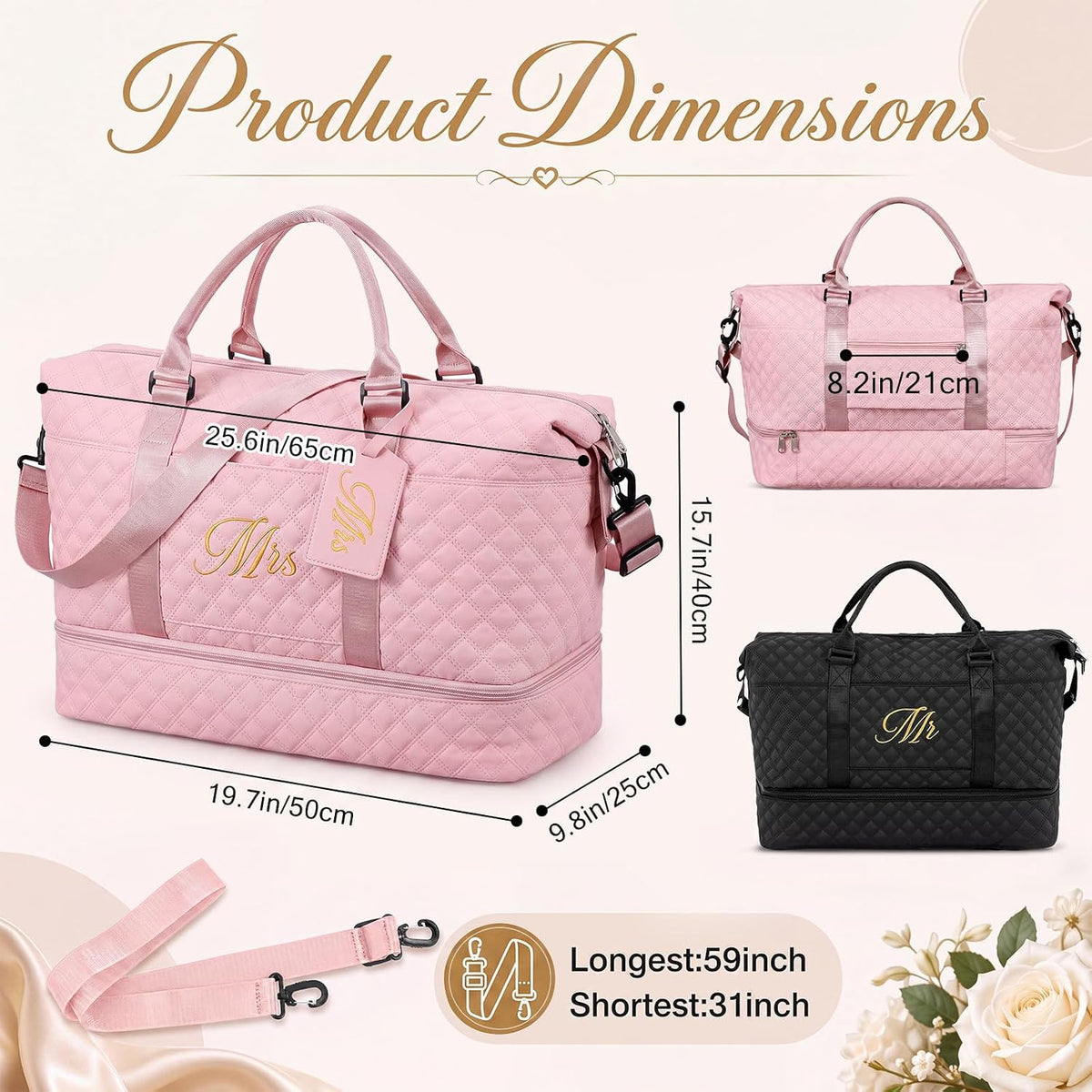 Dansydaisy Mr and Mrs Black,Pink 4 Pcs Honeymoon Duffel Bag Set