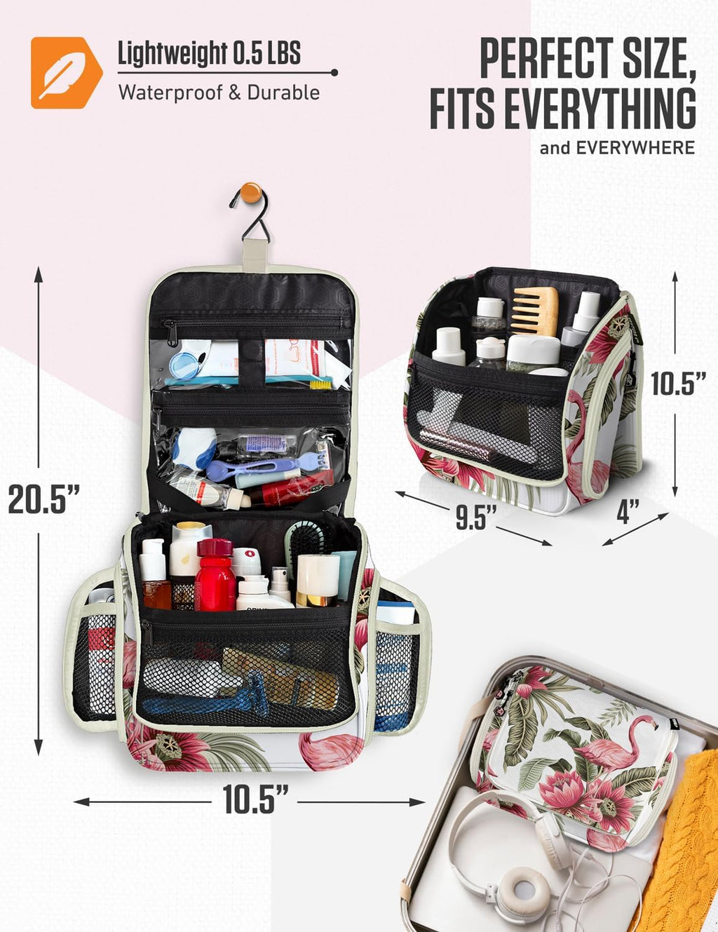 VENTURE 4TH Hanging Travel Toiletry Bag, 17 Compartments - Pink Flamingo