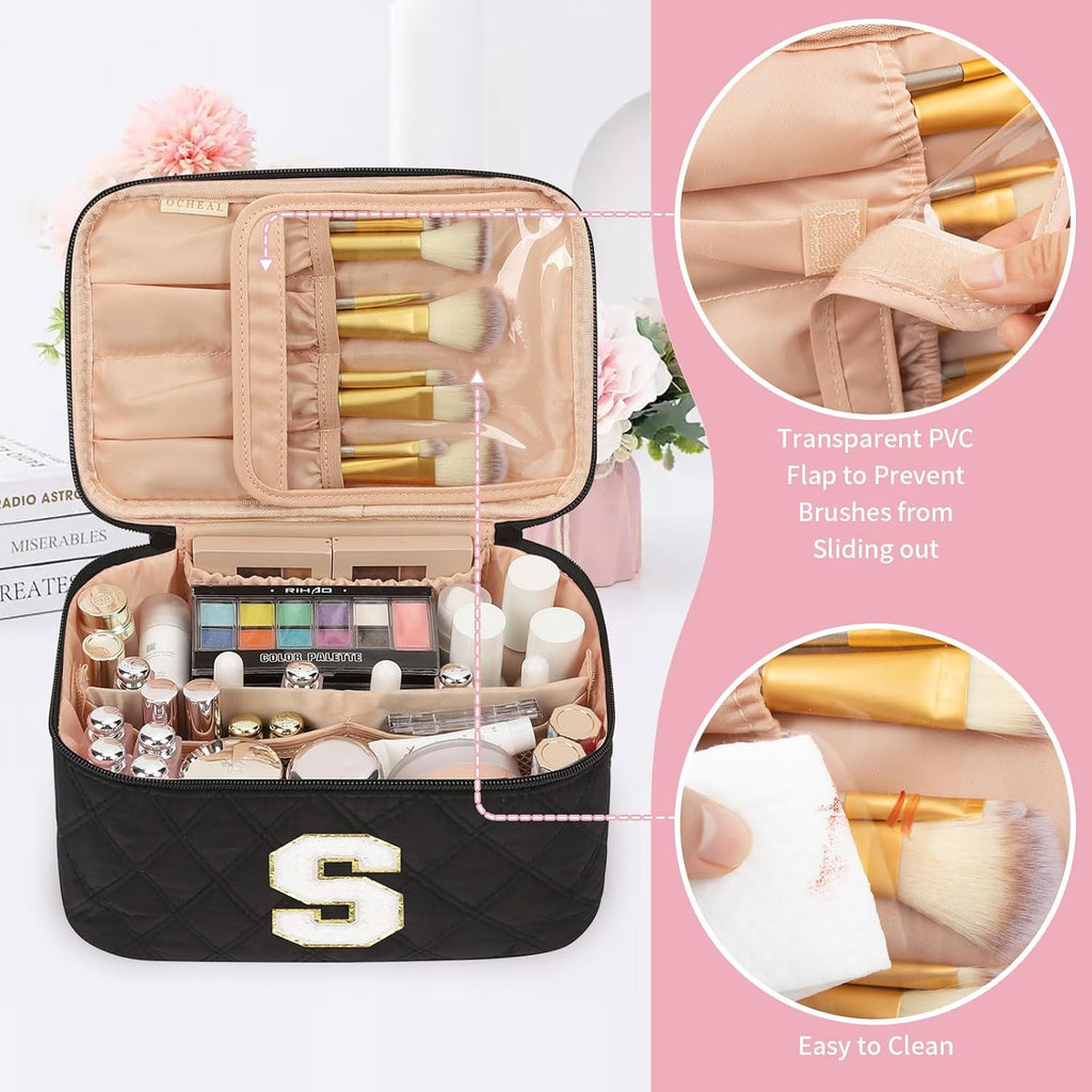 OCHEAL Makeup Bag for Women, Monogram Cosmetic Bag Black Travel Makeup Case Beauty Toiletry Bag Organizer Personalized Gifts for Girls Bridesmaid, Sister, Wife, Friends Initial S