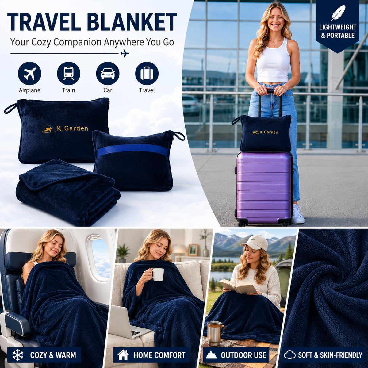 Travel Blanket Airplane Compact with Bag Soft 2 in 1 Travel Pillow and Blanket Set Car Pillow Travelers Gifts Accessories Compact Pack Blanket for Any Travel with Luggage Backpack Strap,Dark Blue