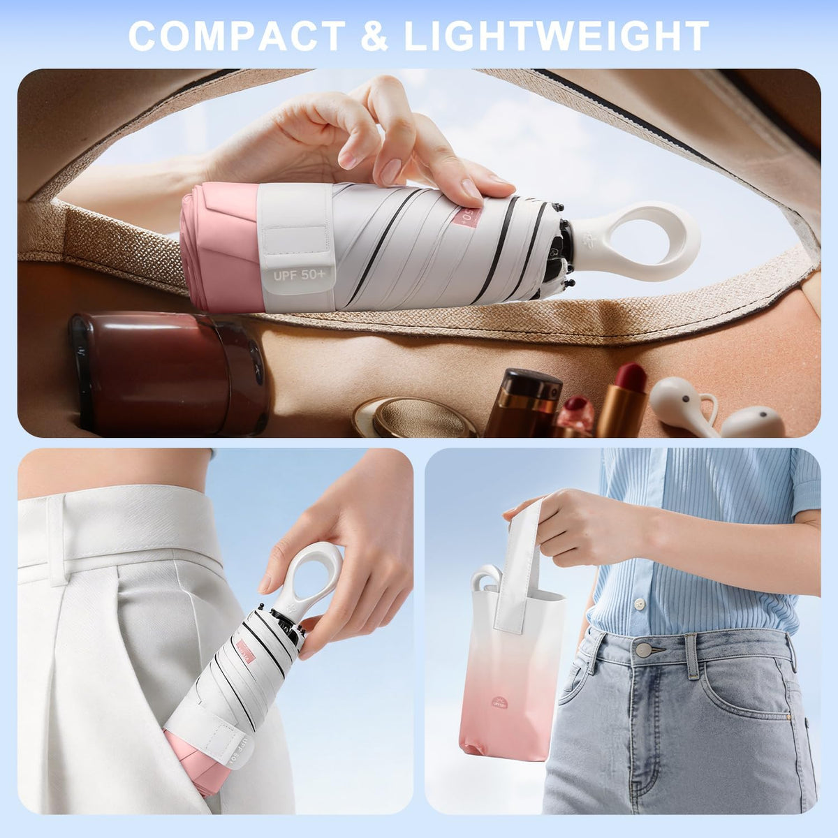 Gradient UV Umbrella UPF 50+, Mini Sun Parasol Foldable Compact Travel Size