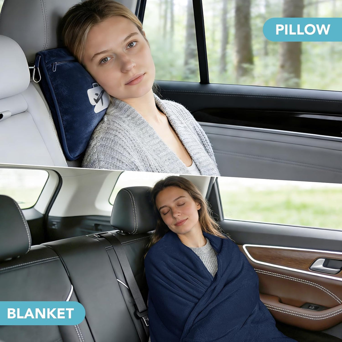 SINLAND Travel Pillow and Blanket 2-in-1 Set, Navy Blue, 60x50 Inch