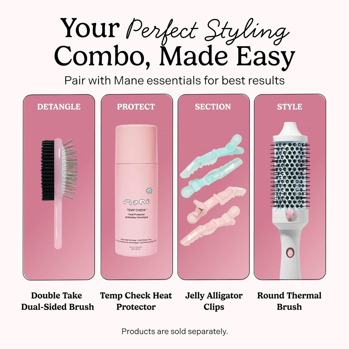 Mane Double Take Dual-Sided Hair Brush - Two-in-One Travel Size Boar Bristle Hair Brush for Smooth Slick Backs & Metal Pin Side for Detangling - For Ponytails, Buns & Touch-Ups On the Go