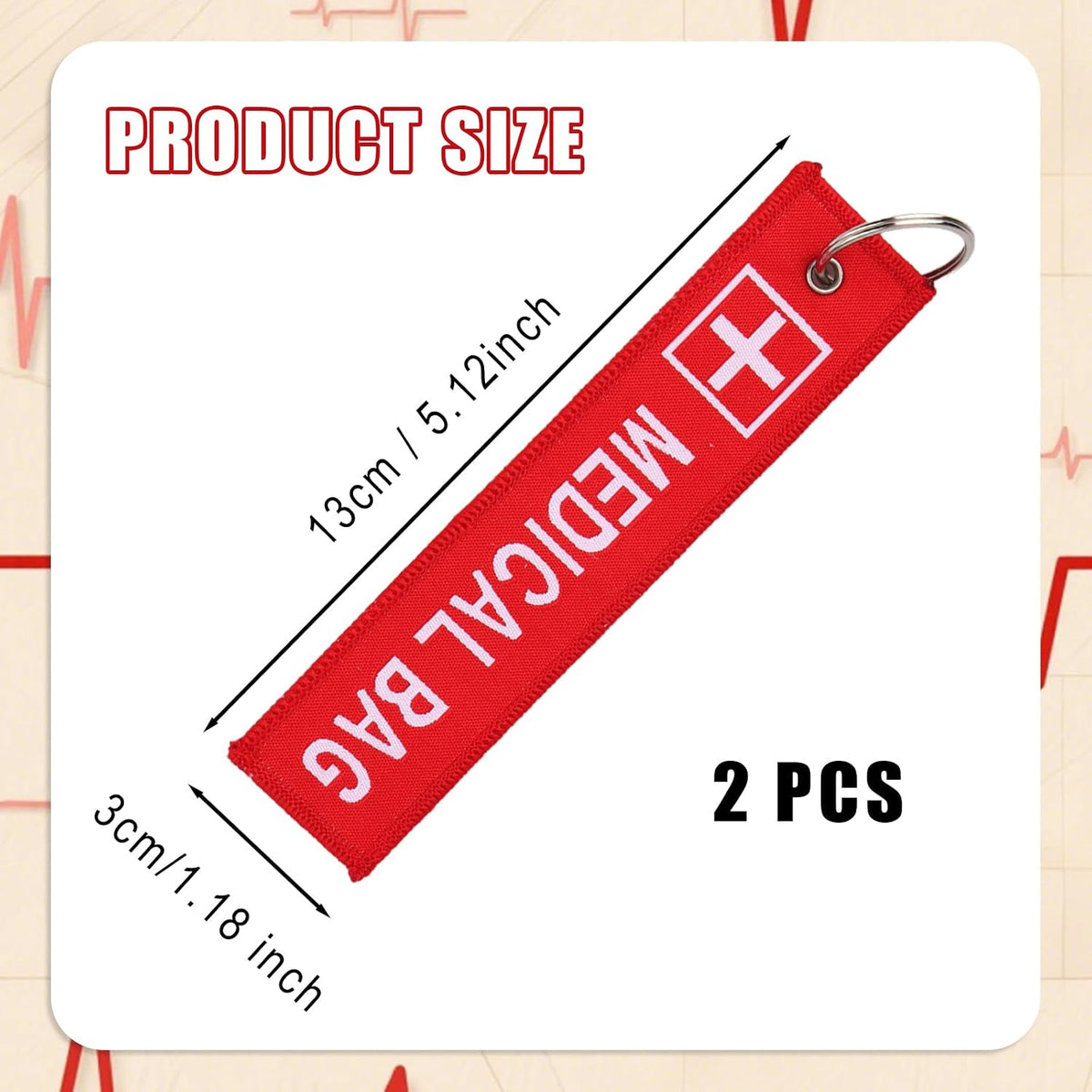 BOXOB 2pcs Medical Alert Tags for Bag, Double-Sided Medic Equipment Device Luggage ID Tag Durable Red Keychain for Backpack Luggage