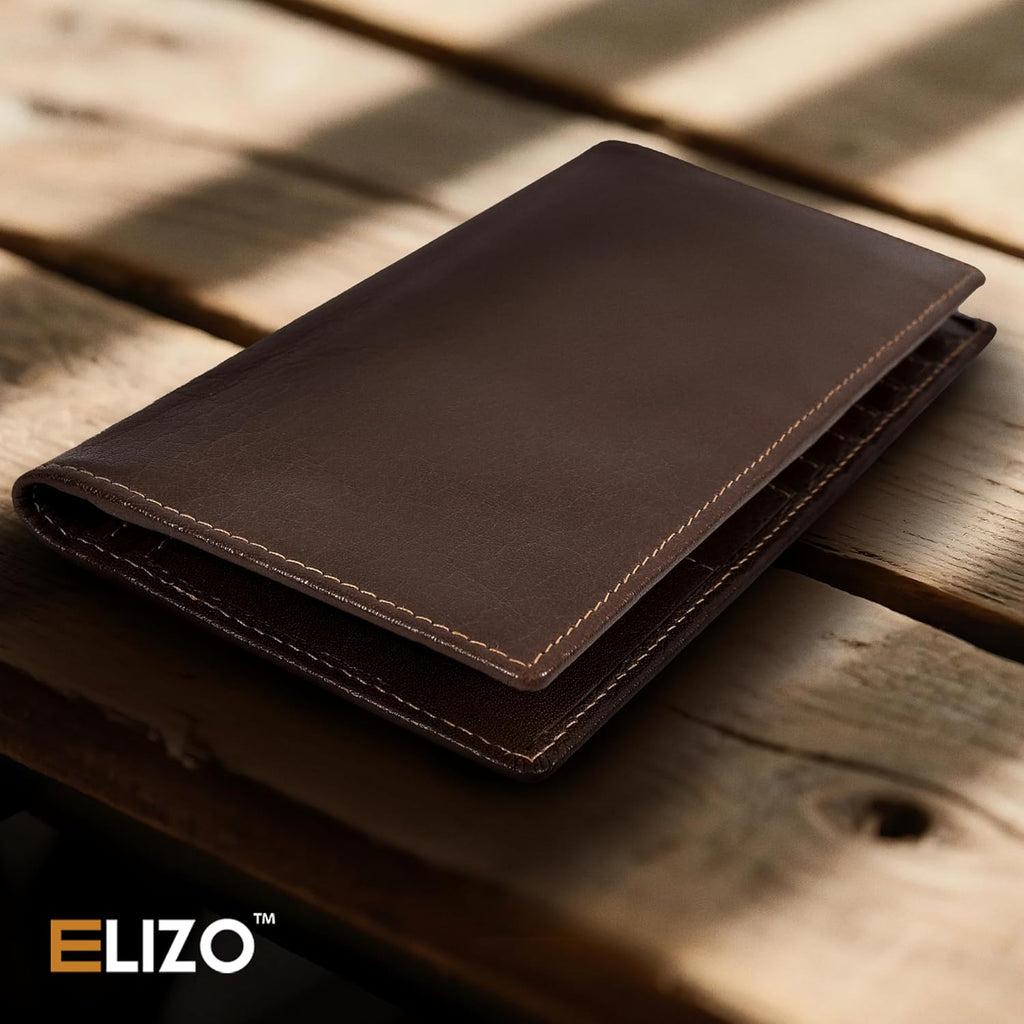 ELIZO Men's Genuine Leather Long Wallet - RFID Blocking Rodeo Checkbook Wallet | Western Bifold Wallet with 16 Card Slots, ID Window | Top Grain Leather Cowboy Wallet | Stout