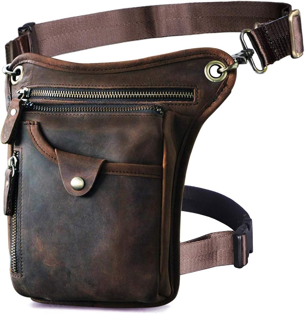 Le'aokuu Mens Genuine Leather Outdoor Sporting Hicking Waist Hip Pack Messenger Shoulder Drop Leg Thigh Bag Pouches For Women (211-5 0 Dark Brown)