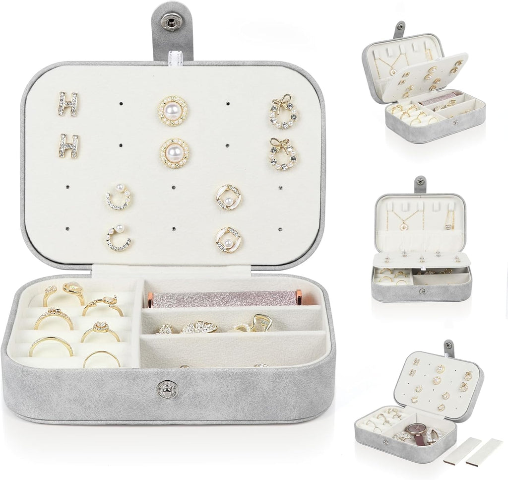 Travel Jewelry Box,Small Jewelry Organizer Boxes for Women Girls, 2 Layer Travel Jewlery Case, PU Leather Mini Portable Jewerly Storage Display Holder for Earrings, Ring,Necklaces, Bracelets - Grey