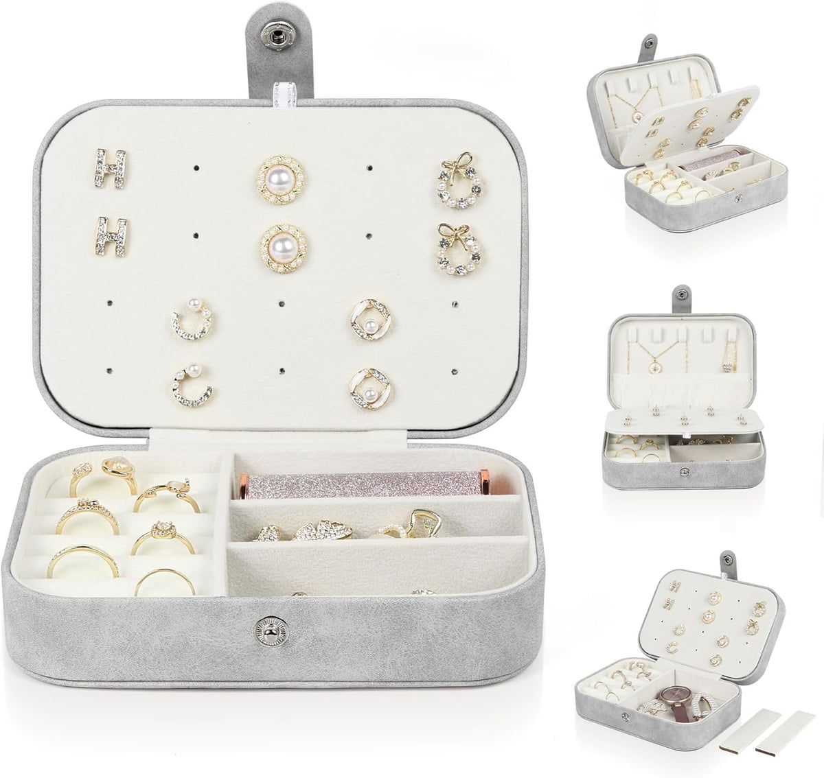 Travel Jewelry Box,Small Jewelry Organizer Boxes for Women Girls, 2 Layer Travel Jewlery Case, PU Leather Mini Portable Jewerly Storage Display Holder for Earrings, Ring,Necklaces, Bracelets - Grey