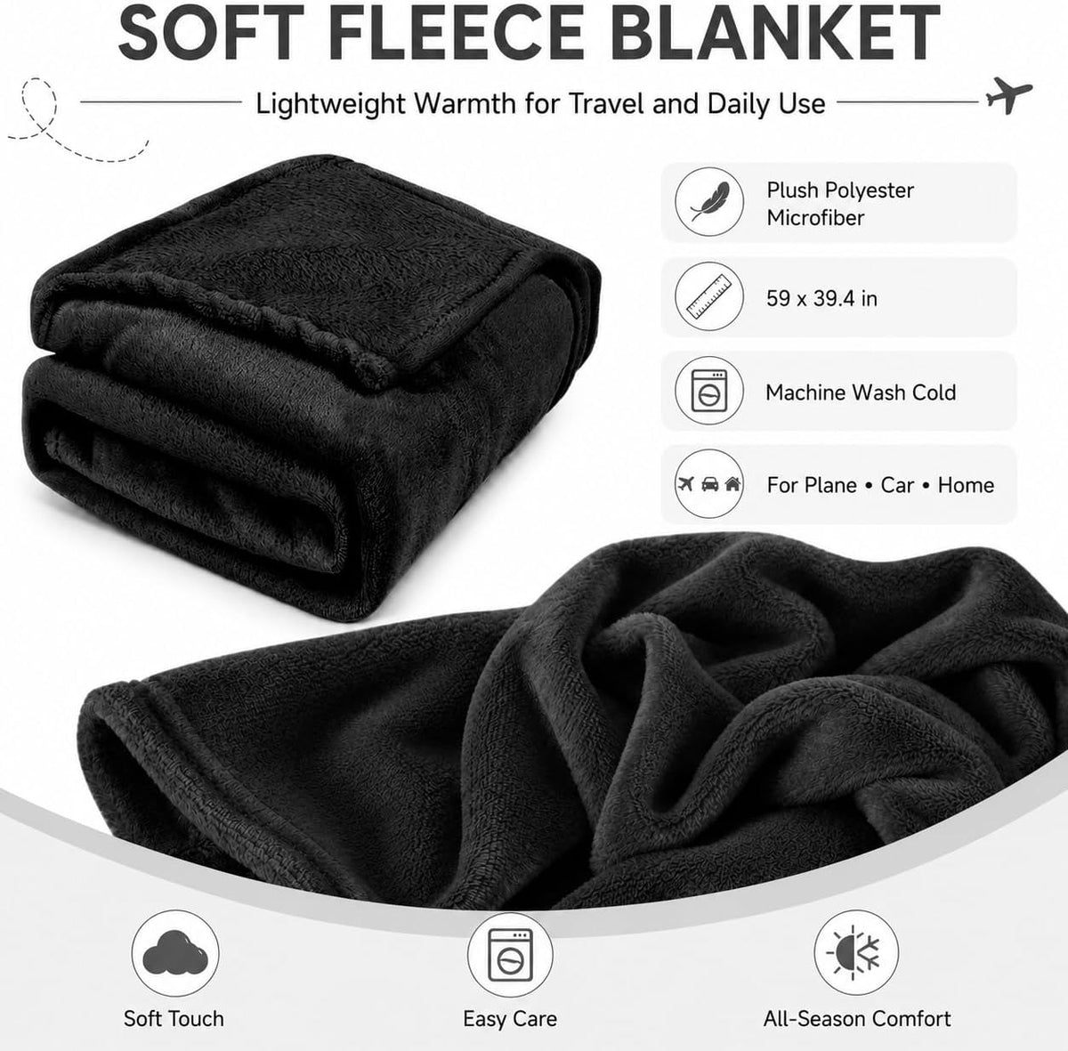 Travel Blanket and Pillow Set - Hooded Neck Pillow Airplane Essential Black
