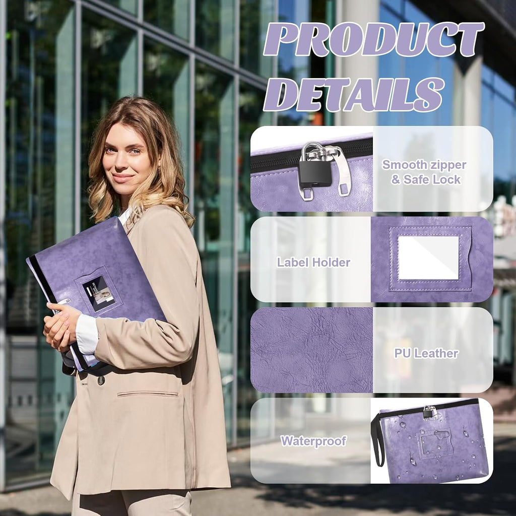 2 Pack Purple Notary Bag With Lock 13.2 * 10 Inch Waterproof Notary Supplies Bag For Women Pu Leather Document Organizer Zipper File Pouch Money Bank Deposit Bags For Passport Cash Stamp Travel