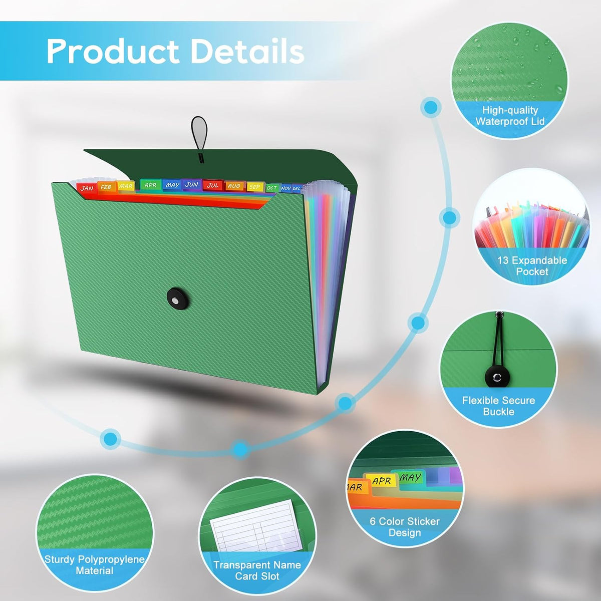 Expanding File Folder, Accordion File Organizer for Sorting Documents and Papers, 13 Pockets File Storage Organizer for Home, Travel and Office Use, Hospital Bag Essentials (Green)