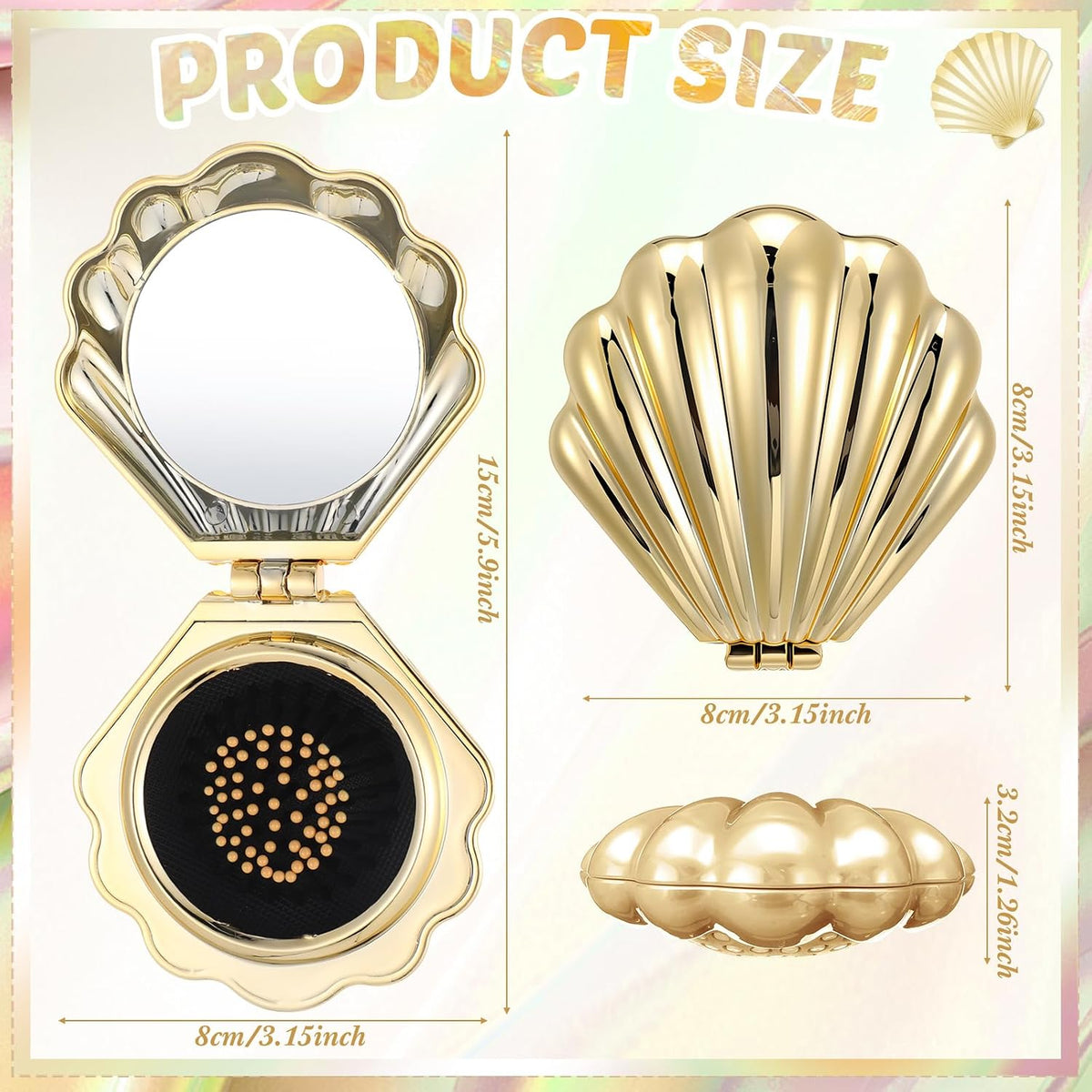 AceOrbit 6 Pcs Mermaid Party Favors Foldable Shell Hair Brush with Mirror Mini Travel Pocket Compact Hair Brush Makeup Comb for Women Girls Birthday Party Gifts(Gold)