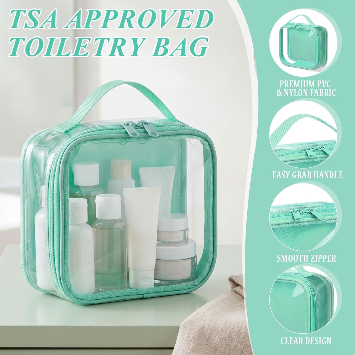 Abbylike 3 Pcs Small Toiletry Bags Reusable Quart Size Travel Liquid Pouch Single-sided Clear PVC Carry-on Organizer with Handle Cosmetic Bags for Airport Security Women Men(Green)