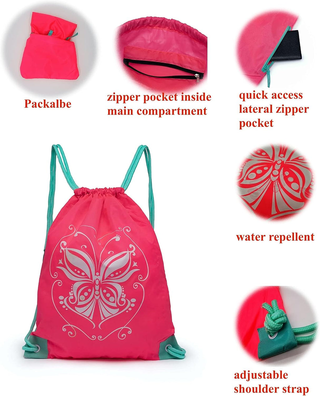 Girls Packable Drawstring Bag - 10L Drawstring Sports Cinch Bag with Zipper Pockets n Adjustable Shoulder Straps for age 6+ (Flamming)
