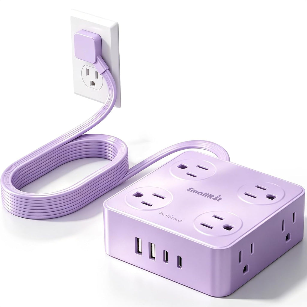 Extension Cord with Multiple Outlets, SMALLRT 10FT Flat Plug Power Strip, Power Strips with USB Ports, 8 Outlets, Outlets Extender for Home Office, Purple