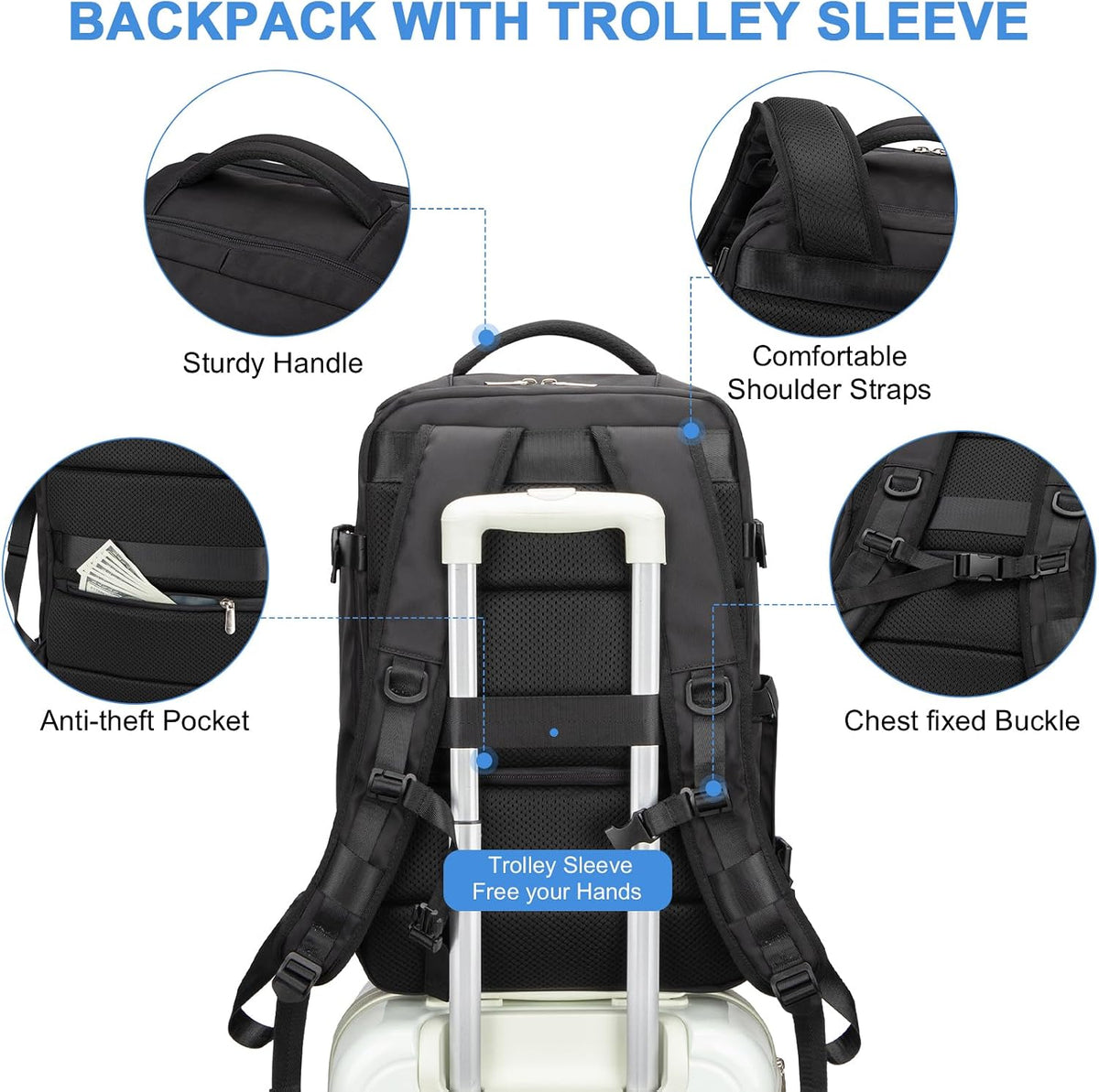 RDTGO Travel Backpack For Women, 40L Carry-On Backpack, Airline Approved Personal Item Bag, Waterproof Laptop Backpack with Large Duffel, Casual Daypack for Buisness Gym Weekend Hiking (Black)